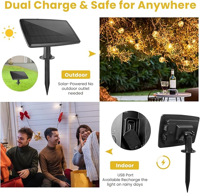 Yusist 100FT Solar String Lights Outdoor Waterproof with Remote, G40 Solar Powered String Lights with 30+2 LED Shatterproof Bulbs, Dimmable Solar Patio Hanging Lights for Outside Backyard Party