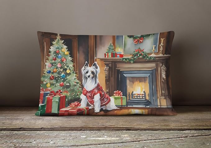 Caroline's Treasures DAC2631PW1216 Chinese Crested Cozy Christmas Throw Pillow Machine Washable, Indoor Outdoor Decorative Pillow for Couch, Bed or Patio, 12HX16W