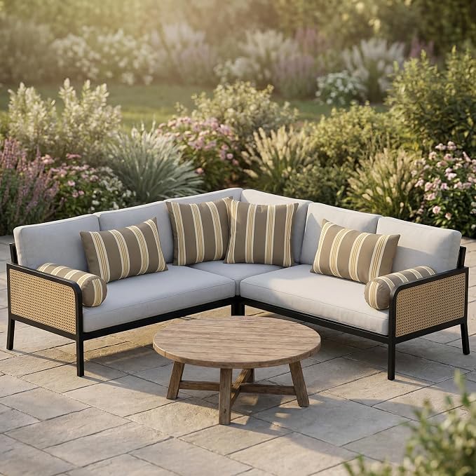 RSH DECOR: 6-Pack Pillow Set | Outdura Performance Fabric |Water & Fade-Resistant| 17" Square, 20"x12" Lumbar, 20"x6" Neck Roll | Outdoor Pillows for Patio Furniture | Made in USA (Tory Alloy)