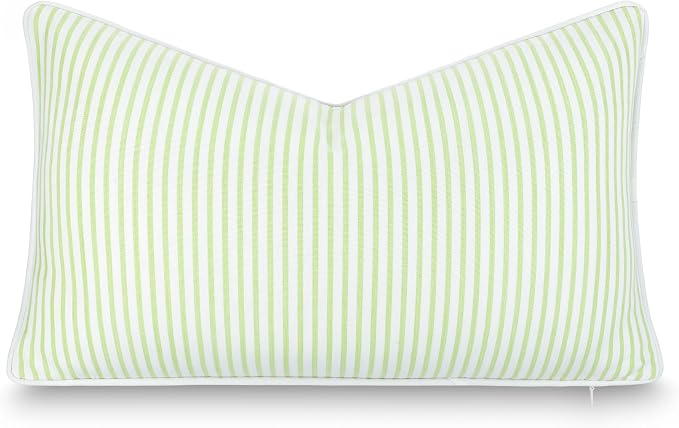 Hofdeco Premium Coastal Hampton Outdoor Performance Lumbar Pillow Cover Only, 12"x20" Water Repellent, UV and Fade Resistant for Backyard, Couch, Poolside, Grass Green Woven Coastline Stripes