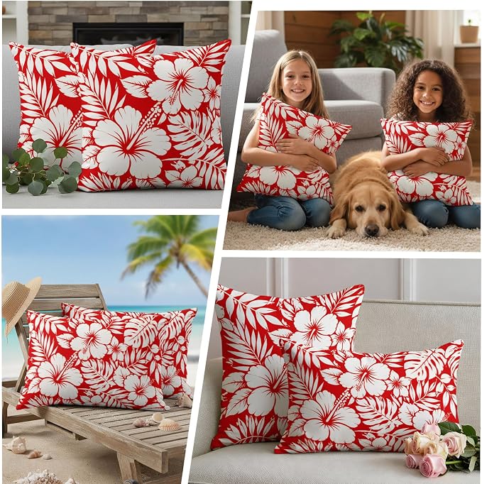 Red Hibiscus Flowers Waterproof Outdoor Pillow Covers Set of 2 Home Decor, Tropical Monstera Leaves Lumbar Pillowcase Patio Pillow Covers for Couch Bench Patio Furniture Garden 20x20in