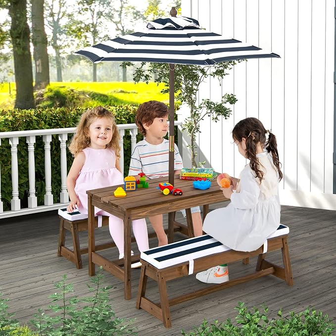 KOTEK Kids Picnic Table with Umbrella Foldable, Backyard Wooden Table & Bench Set w/Removable Cushions, Activity Art Play Table, Indoor Outdoor Toddler Picnic Table for Patio, Lawn & Garden (Blue)