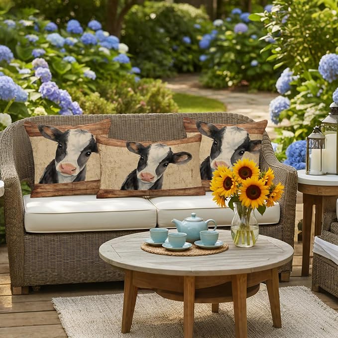 Farmhouse Cow Outdoor Pillow Covers 16x16 Inch Throw Pillow Covers Set of 2 Waterproof Decorative Pillow Cases Country Vintage Animals Wooden Grain Cushion Covers for Patio Furniture Garden Couch Sofa