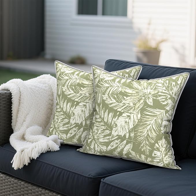 Outdoor Throw Pillows Inners, Fade Resistant Patio Furniture Square Pillows with Piping Set of 2 for Patio Furniture, 18x18 Inch, Tropical Leaf Green