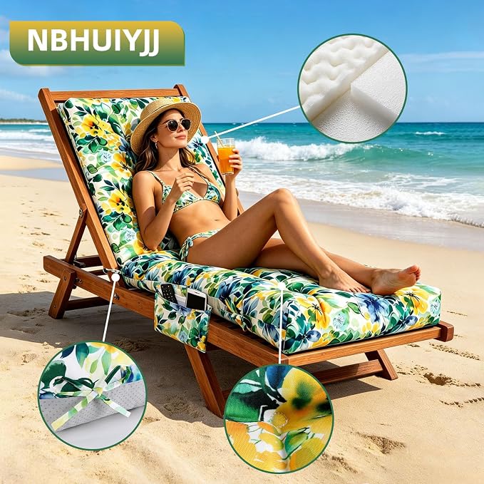 Patio Chaise Lounge Cushions, 68"x21"x4.5" Waterproof Replacement Beach Pool Lawn Outdoor Lounge Chair Cushion with Pocket, Non-Slip Bottom & Secure Ties for Outdoor Furniture, Flower Green