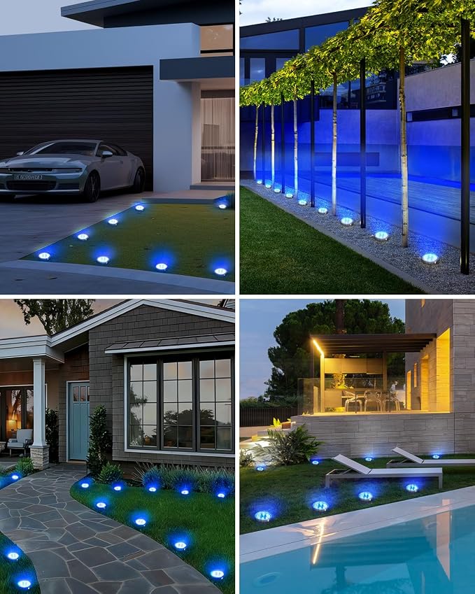 btfarm 16 Pack Solar Lights Outdoor, 8 LED Solar Ground Lights IP65 Waterproof Flat Solar Disc Light, Pathway Lights for Garden Lawn Patio Yard Path Landscape, Blue