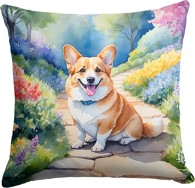 Caroline's Treasures Corgi Spring Path Throw Pillow Machine Washable, Indoor Outdoor Decorative Pillow for Couch, Bed or Patio, 14Hx14W