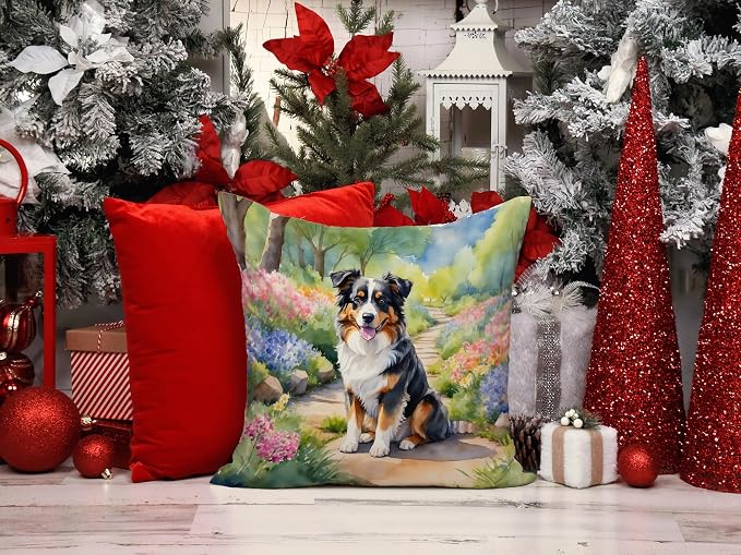 Caroline's Treasures Australian Shepherd Spring Garden Throw Pillow Machine Washable, Indoor Outdoor Decorative Pillow for Couch, Bed or Patio, 14Hx14W