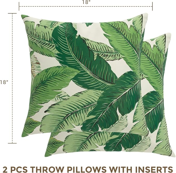 Throw Pillow with Insert, Set of 2, Outdoor Indoor Waterproof Decorative Patio Throw Pillow 18x18 Inch, Square Cushion for Couch Sofa Garden Farmhouse Decoration-Green Palm Leaf