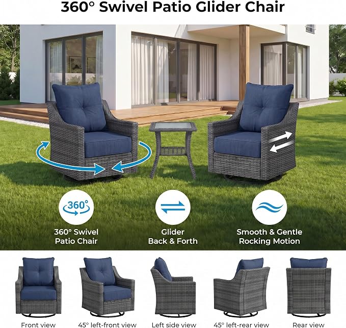 9 Piece Patio Furniture Set with 6" Thick Cushions, Weather-Resistant Wicker Swivel Rocker High Back Chairs and Fire Pit Table for Porch Yard Deck