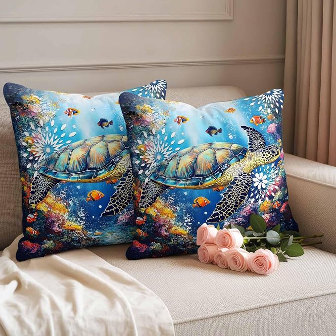 Turtle Waterproof Outdoor Pillow Covers Set of 2 Home Decor, Ocean Fish Coral Underwater World Cartoon Pillowcase Patio Pillow Covers for Couch Bench Furniture Garden 20x20in