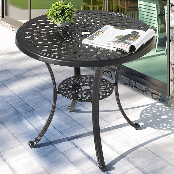 NUU GARDEN 31 Inch Cast Aluminum Patio Bistro Table, Black | Features an umbrella hole, decorative tabletop pattern and durable cast aluminum construction for outdoor use
