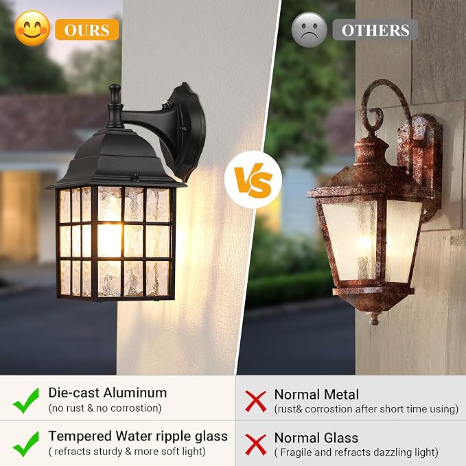 WIHTU Dusk to Dawn Outdoor Wall Lights 2Pack, Classic Exterior Porch Light | Aluminum Frame, Water Rippled Glass, Waterproof, E26, Sensor Exterior Lighting Fixtures, Wall Sconce For Garage, Front Door