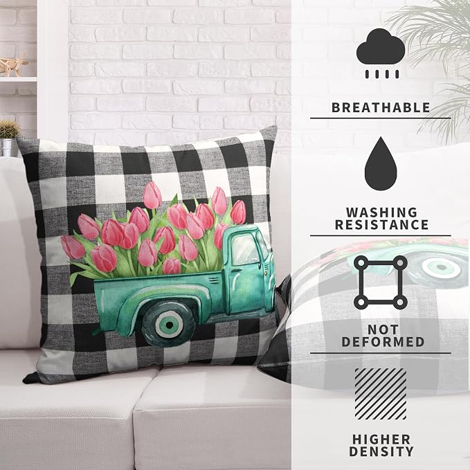 Spring Summer Floral Throw Pillow Covers Pink Tulip Decorative Pillowcase Vintage Blue Truck Cushion Covers 20x20 Set of 2 for Living Room Sofa Car Square Pillow Protectors