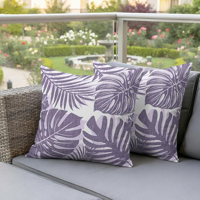 Purple Palm Leaves Outdoor Pillow Covers 20"x20" Set of 2, Tropical Botanical Minimalist Modern Waterproof Throw Pillow Covers for Patio Furniture, Decorative Cushion Covers for Porch