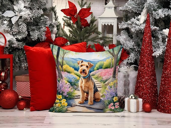 Caroline's Treasures Lakeland Terrier Spring Path Throw Pillow Machine Washable, Indoor Outdoor Decorative Pillow for Couch, Bed or Patio, 14Hx14W