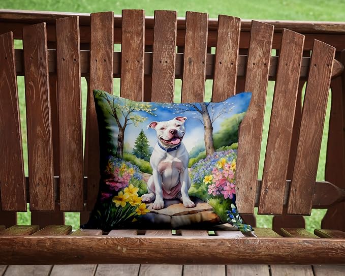 Caroline's Treasures Pit Bull Terrier Spring Path Throw Pillow Machine Washable, Indoor Outdoor Decorative Pillow for Couch, Bed or Patio, 14Hx14W