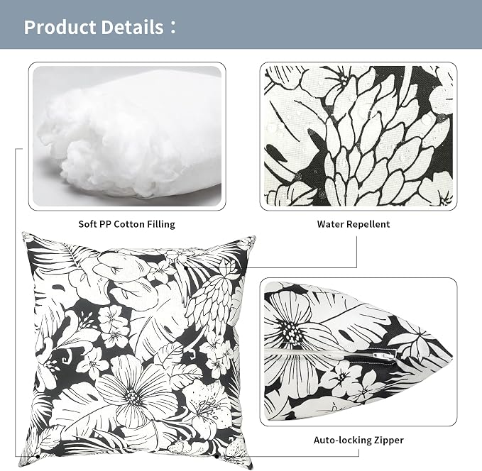 Outdoor Pillows with Insert 18x18 Inch, Waterproof Throw Pillow for Patio Furniture, Decorative Back Cushion for Garden Home Sofa Office Chair, Set of 2, Tropical Blossom Noir