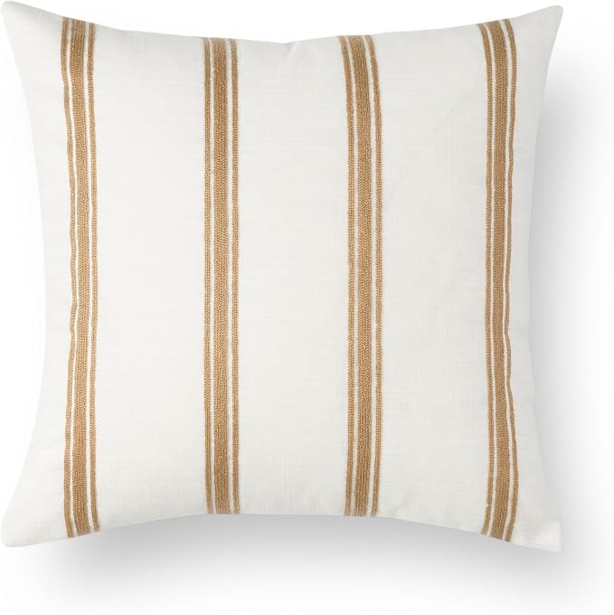 Modern Farmhouse Fall Linen Indoor Outdoor Throw Pillow Cover Only, 20"x20" Water Repellent for Patio, Backyard, Couch, Neutral Ivory Cream Embroidered Stripes
