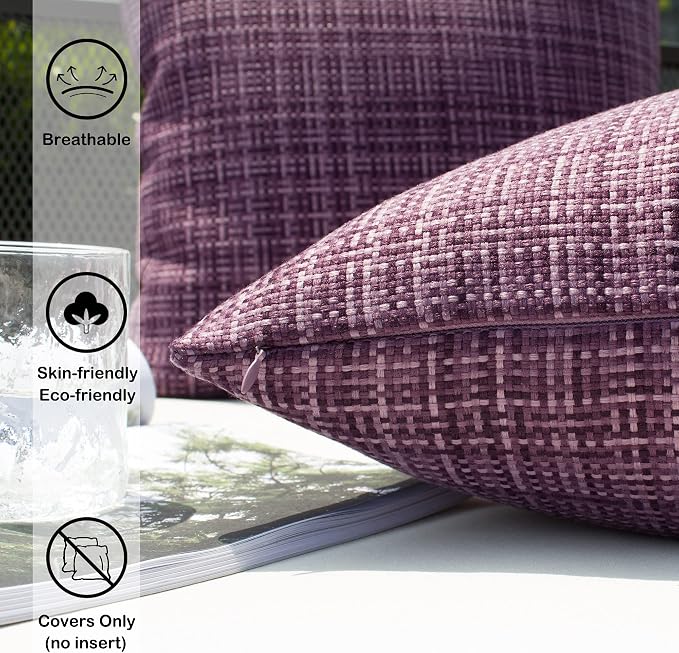 Kevin Textile Outdoor Waterproof 16x16 Inch Pillow Covers 2 Pack, Violet | Water Resistant, Faux Linen Yarn-dyed, Woven Texture Throw Pillow Covers for Tent Patio Garden Couch Sofa
