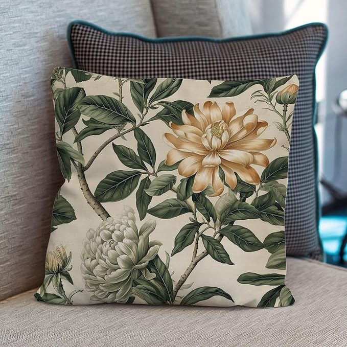 Green and White Chinoiserie Floral Pillow Cover Golden Lotus Flower Throw Pillow Covers 18x18 INAbstract Accent Modern Decorative Pillow Covers for Patio Furniture Garden