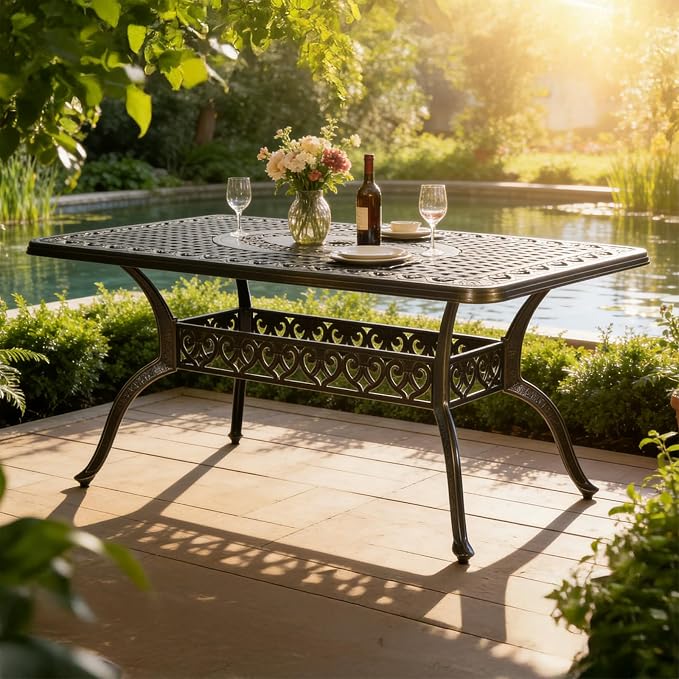 MEETWARM 60"x36" Cast Aluminum Patio Dining Table, Weather-Resistant Outdoor Dining Table for 6-8 Person, Patio Furniture Rectangular Table with Umbrella Hole and Adjustable Foot Pads, Dark Bronze