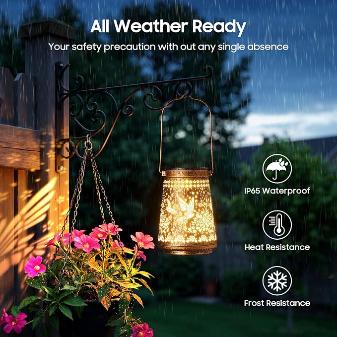 4 Pack Solar Lanterns Outdoor Waterproof, Birthday Gifts for Women Mom | Hollow-Out Metal Hummingbird Lantern, 2 Lighting Modes, Outside Hanging Solar Lights for Christmas Decorations, Garden Decor