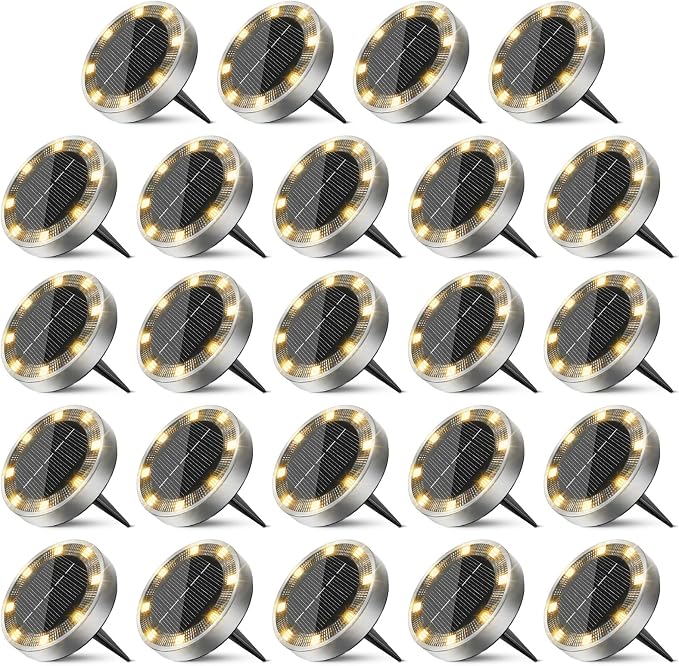 24 Pack Solar Ground Lights Outdoor, 8 LED Mini Flat Solar Disc Lights, IP65 Waterproof Pathway Lights Solar Powered, Landscape Lighting for Garden Walkway Driveway Yard Lawn,Warm White
