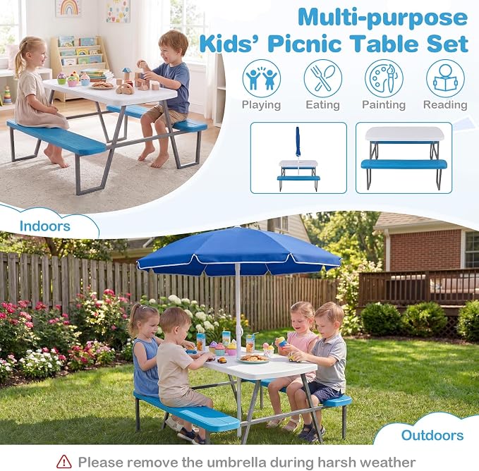 Costzon Kids Picnic Table, Toddler Outdoor Table & Bench Set with Removable Umbrella, HDPE Tabletop, Metal Frame, Kids Outdoor Furniture for Patio Backyard Garden, Fits 4 Children Age 3+ (Blue)
