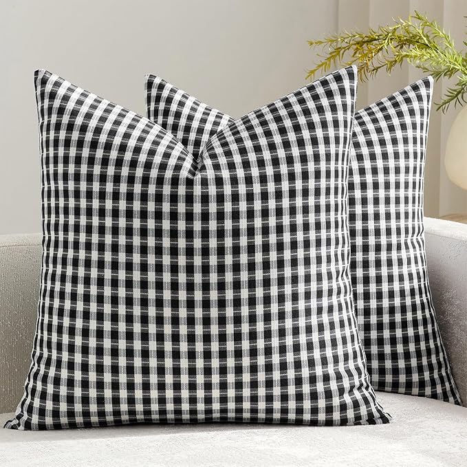 Black and White Plaid Outdoor Throw Pillow Covers 20x20 Set of 2, Waterproof Farmhouse Pillow Cases, Modern Gingham Decorative Cushion Covers for Patio Furniture Garden