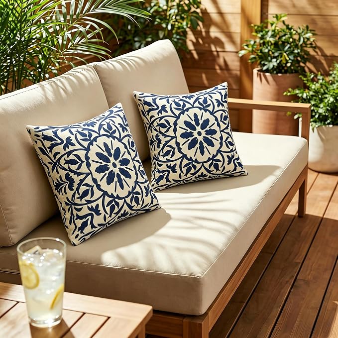 JMGBird 18x18 Blue Boho Outdoor Pillows Waterproof Outdoor Accent Pillows | outside pillows,outdoor throw pillows waterproof