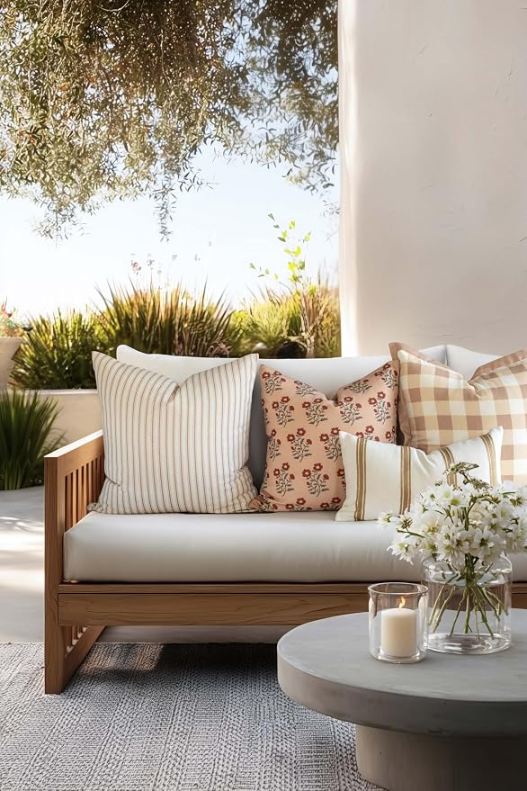 Modern Farmhouse California Casual Indoor Outdoor Lumbar Pillow Cover, 12"x20" Water Repellent for Patio, Backyard, Couch, Poolside, Neutral Ivory Cream Embroidered Stripes