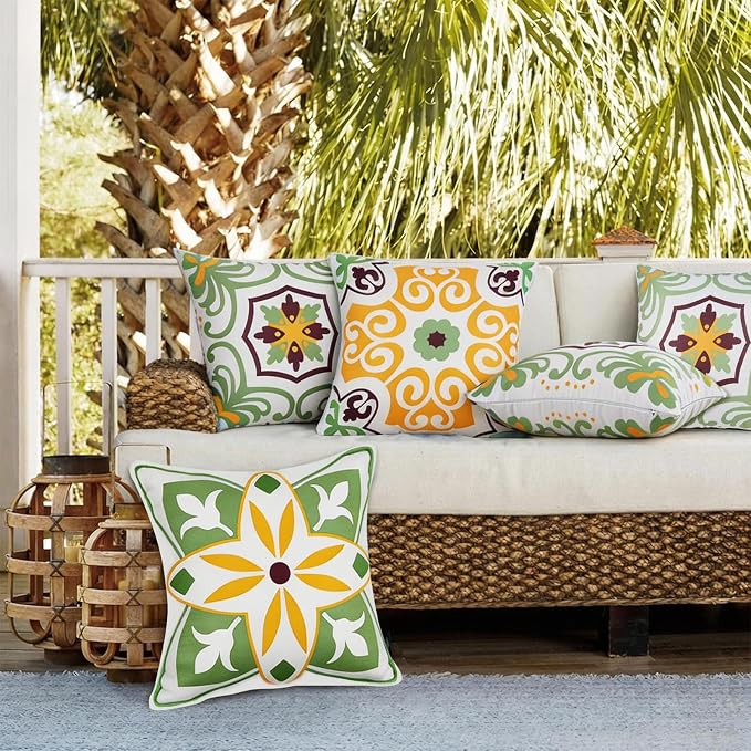 Pyonic Sage Green Outdoor Pillows Waterproof Throw Pillow Covers Set of 4 | Floral Printed and Boho Farmhouse Outdoor Pillow Covers for Patio Funiture Garden 18x18 Inch
