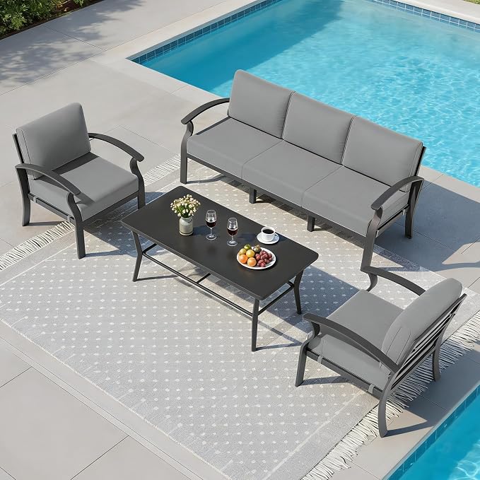 Aluminum Outdoor Patio Furniture Set,5 Seats Patio Conversation Sets with Rectangular Coffee Table,Metal Patio Sectional Furniture Set with 5.1" Thickened Cushions,Grey