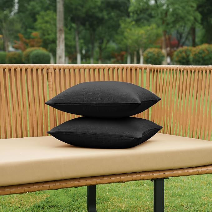 NiNi ALL Waterproof Outdoor Pillow Covers 16x16 Set of 2 Patio Black | Faux Linen Textured Decorative Solid Throw Pillow Covers Farmhouse for Garden Furniture Tent Balcony Couch Sofa Cushion