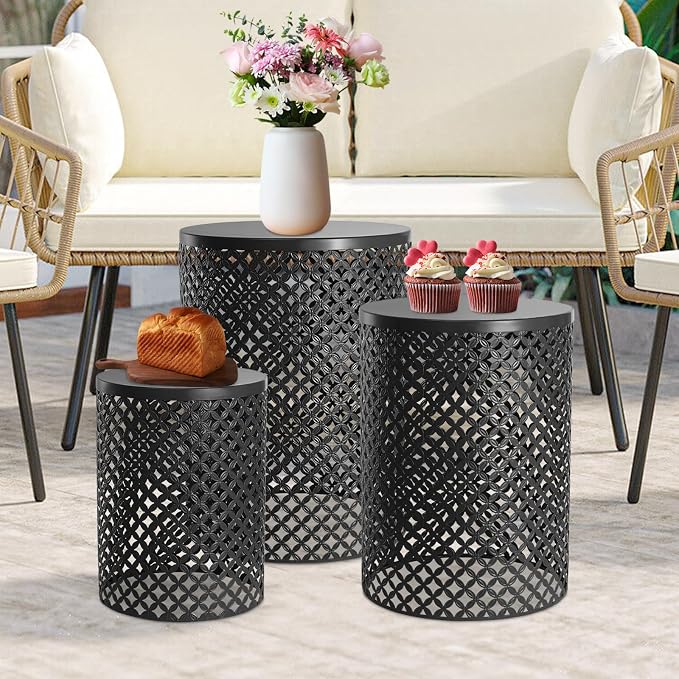 Set of 3 Nesting Side Table, 3Pcs Patio Side Table Iron Side Table Outdoor/Indoor Accent Table with 3 Sizes, Round Metal End Table for Gardens, Balconies, Bedrooms-Black