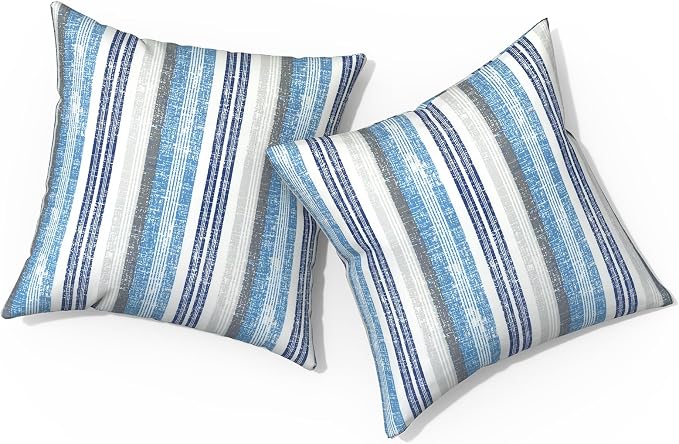 Outdoor Pillows for Patio Furniture 20x20 inch, Square Outdoor Throw Pillows with Inserts, Decorative Patio Pillows for Garden Couch Home Sofa Office Chair, Pack of 2, Stripe Layered Blue