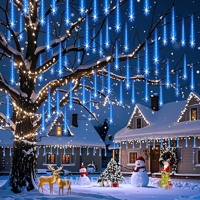 Weepong Christmas Lights Outdoor 32 Tubes 768LEDs Meteor Shower Lights Blue | UL Certified Snow Falling Rain Drop Icicle String Light for Xmas Tree Halloween Decorations Wedding Party Garden Decor