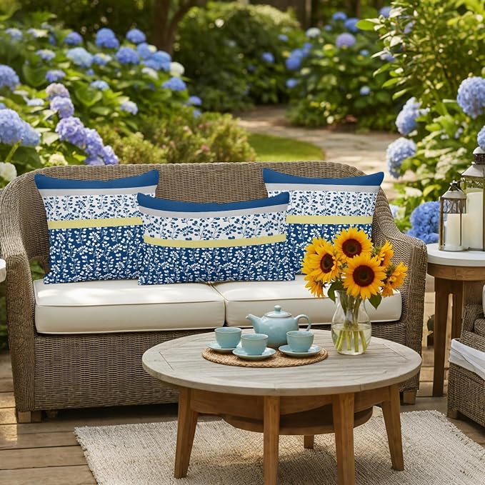 Blue Yellow Outdoor Pillow Covers 24x24 Inch Throw Pillow Covers Set of 2 Waterproof Decorative Pillow Cases Botanical Floral Motifs Wildflower Striped Cushion Covers for Patio Furniture Garden Couch