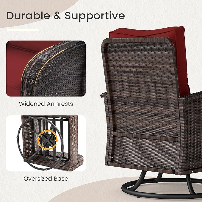 Kromax Outdoor Patio Furniture Set, All-Weather Wicker Swivel Glider Chairs Set of 2 with Coffee Table Table & Thick Machine Washable Cushions for Backyard, Garden, Porch, Brown/Red