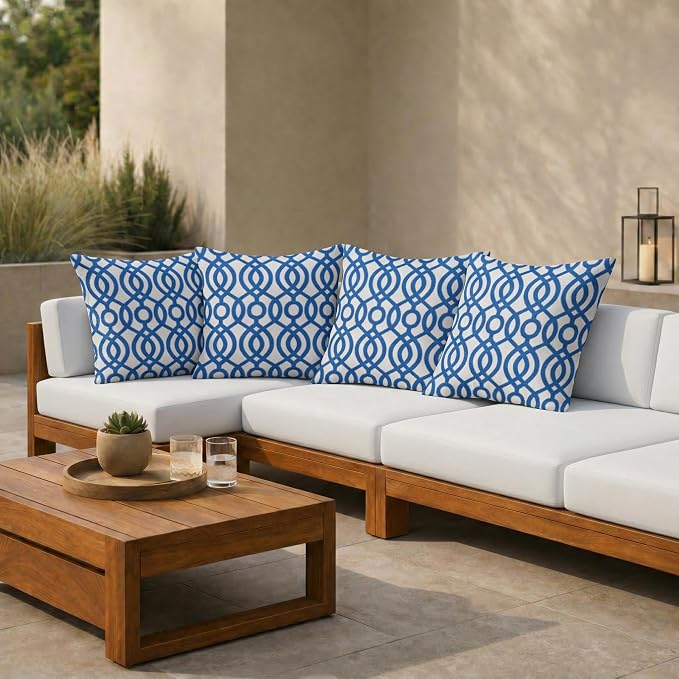 RSH DECOR Square Throw Pillows Set of 4, 17" x 17", Outdoor Pillows Waterproof, Outdoor Pillow Covers, Pillow Covers for Couch, Capilla Blue, Made in USA