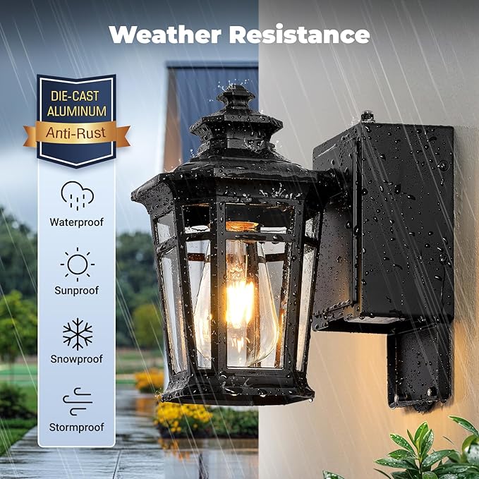 Gleamz Black Dusk to Dawn Outdoor Lighting with GFCI Outlet, Exterior Light Fixtures with Outlet, 9in H Lantern Wall Mount Aluminum Waterproof Anti-rust, Outside Lights for House, Proch, Patio, Garage