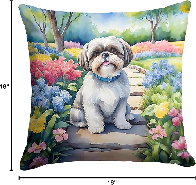 Caroline's Treasures Shih Tzu Spring Path Throw Pillow Machine Washable, Indoor Outdoor Decorative Pillow for Couch, Bed or Patio, 18Hx18W