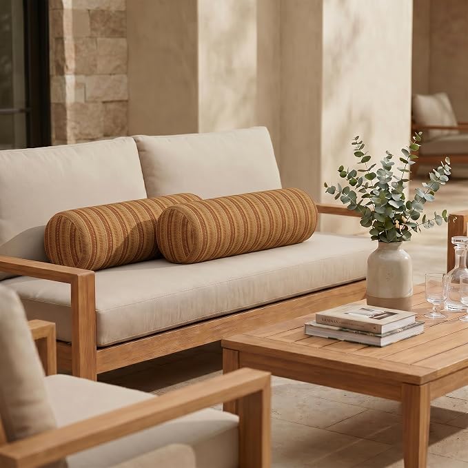 RSH DECOR: Sunbrella Neck Roll Pillows Set of 2 | 24” x 8” | Outdoor Bolster for Patio, Deck, Porch, or Poolside Chairs | Fade & Water-Resistant | Made in USA (Limelite Teak)