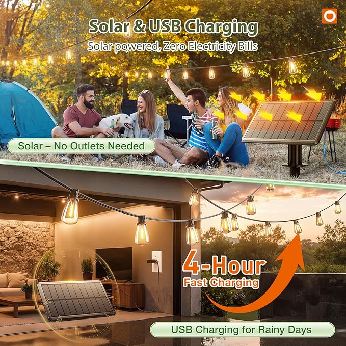 addlon 52(48+4) FT Solar String Lights Waterproof, Remote Dimmable 16+1 LED | Patio Lights Solar Powered with USB Port, Shatterproof Bulbs, 3 Light Modes, Timable Solar Light for Camping Backyard Garden