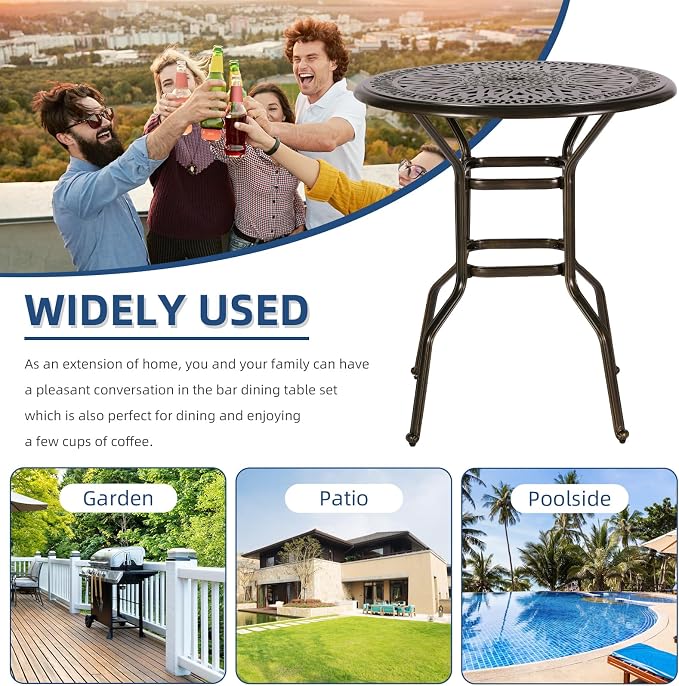 Outdoor Cast Aluminum Bar Table, 35.4" Patio Bar Height Table with 2" Umbrella Hole, All Weather High Top Bistro Round Dining Table for Outside Deck Porch Balcony Poolside, Dark Bronze