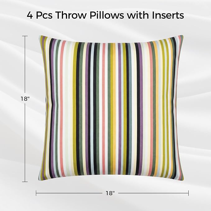 Volans 18" x 18" Outdoor Throw Pillows with Inserts Pack of 4, Waterproof Square Toss Pillows for Backyard, Bed, Couch, and Patio Furniture, Green Striped