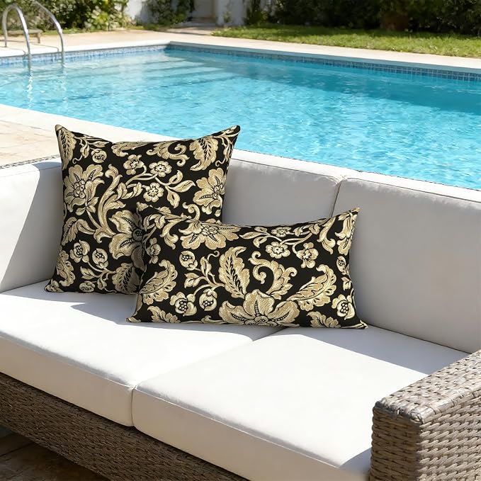 12x20 Inch Lumbae Pillow Covers, Rectangle Waterproof Throw Covers Set of 2, Decorative Patio Furniture Cushion Cases for Porch Garden, Jacobean Black