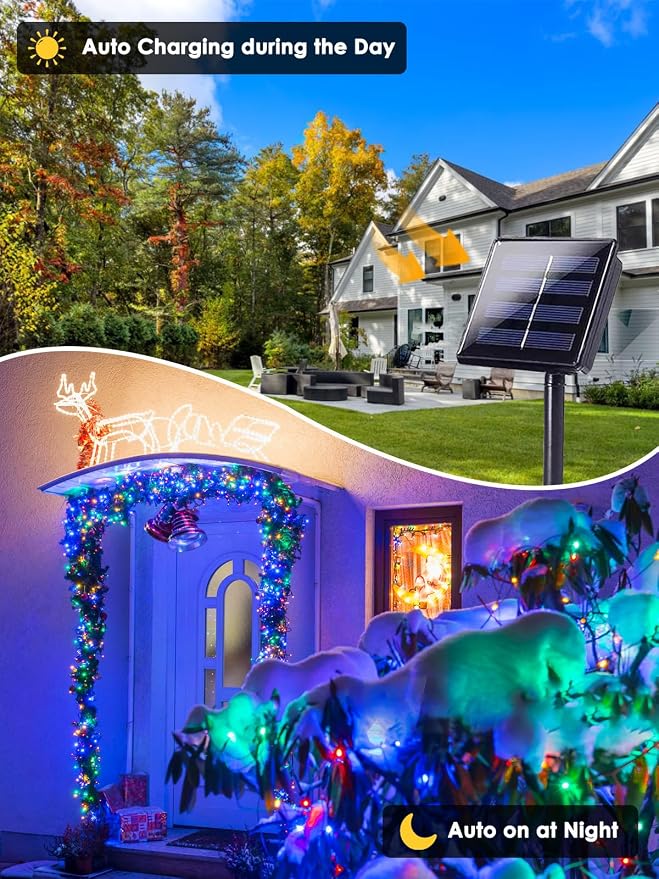 Solar Christmas Lights Outdoor 4 Pack 400 LED Solar String Light Multicolor | 8 Lighting Modes, Memory Function, Auto On/Off, 132FT Waterproof Twinkle Lights for Outside Porch Fence Balcony Decorations