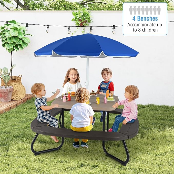 HONEY JOY Kids Picnic Table, 8 Person Toddler Outdoor Table and Chair Set, 4 Built-in Benches, Removable Umbrella, Metal Frame & HDPE Top, Children Outdoor Furniture for Backyard Patio Garden (Coffee)